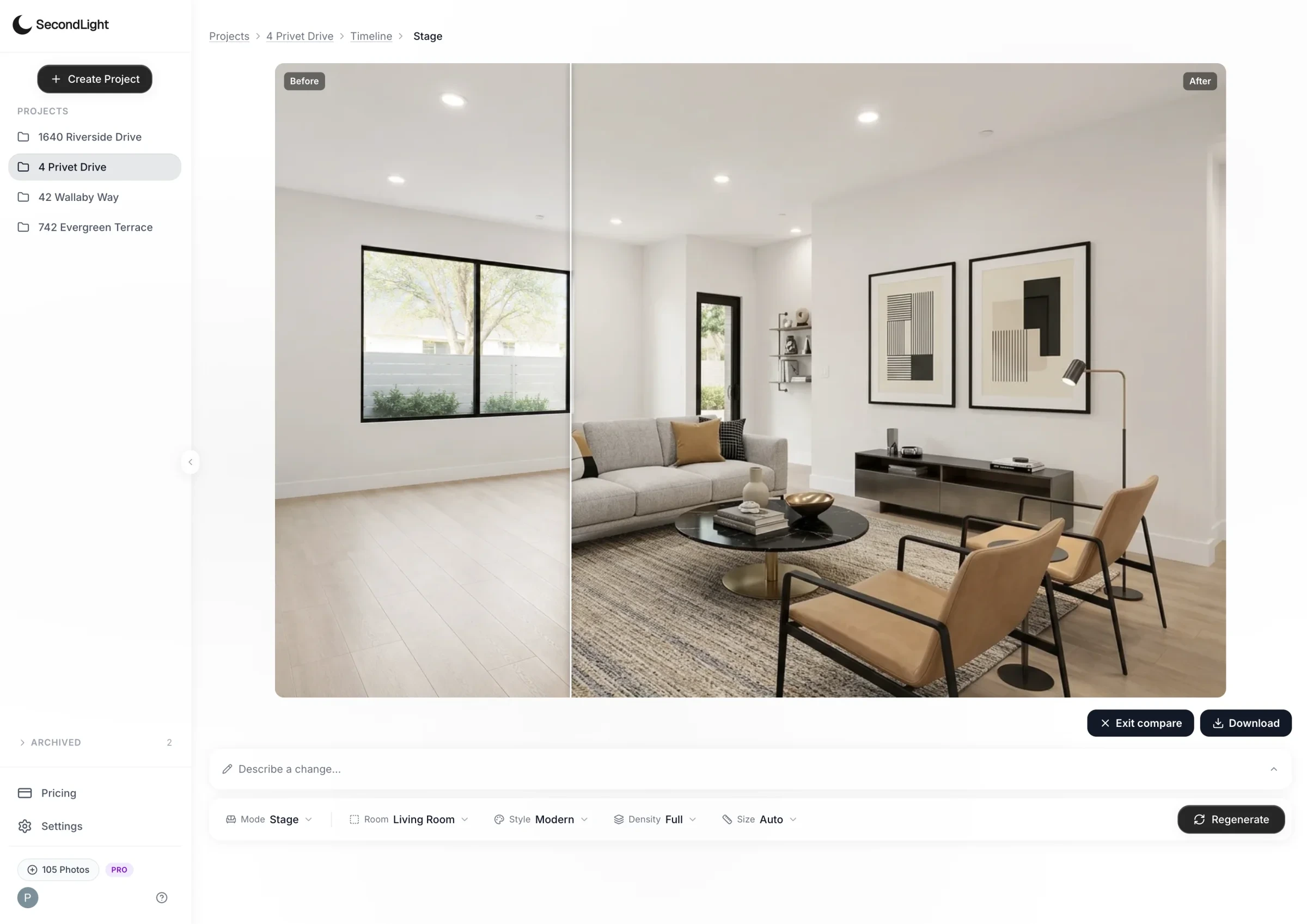 SecondLight staging page with mode, style, density, and room-type controls above the staged result for a mid-century bedroom.